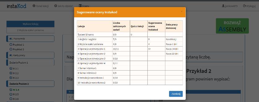 System proponuje oceny za Twoją pracę. Możesz je sprawdzić w zakładce Oceny.
