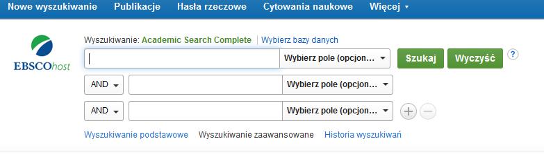 W okienku wyszukiwania można przeszukiwać bazy przez podanie słowa kluczowego lub frazy (w języku polskim lub angielskim).