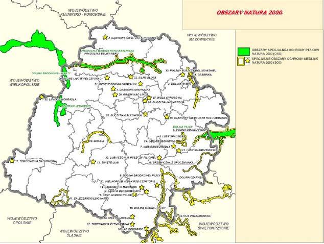 Rysunek 3 Położenie Łodzi na tle terenów systemu sieci Natura 2000 Źródło: Uchwała nr LX/1648/10 Sejmiku Województwa Łódzkiego z dnia 21 września 2010 r.