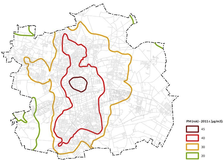 Rysunek 22 Rozmieszczenie średniorocznych wartości stężeń pyłu zawieszonego PM10 w Łodzi w 2011 roku Źródło: opracowanie własne na podstawie raportu Wojewódzkiego Inspektoratu Ochrony Środowiska w