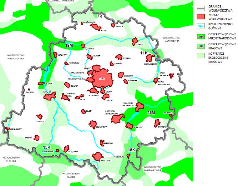 Rysunek 4 Położenie Łodzi na tle terenów systemu sieci ECONET-POLSKA Źródło: Analiza systemów ekologicznych miast województwa łódzkiego pod kątem ich powiązań z systemem ekologicznym województwa i