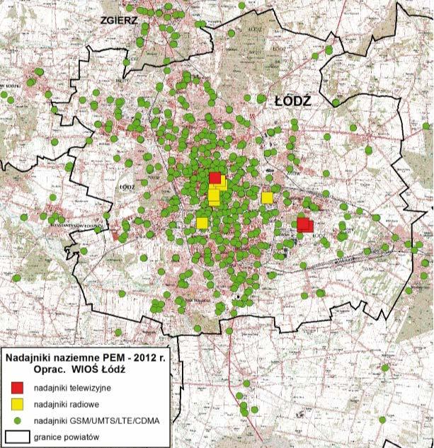 Rysunek 26 Rozmieszczenie nadajników RTV i GSM/UMTS/LTE na terenie aglomeracji łódzkiej Źródło: opracowanie własne na podstawie raportu Wojewódzkiego Inspektoratu Ochrony Środowiska w Łodzi, Raport o