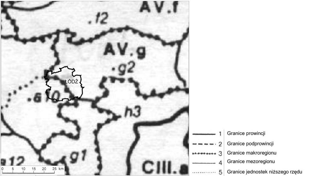Rysunek 2 Położenie Łodzi na tle jednostek geomorfologicznych. Źródło: opracowanie własne na podstawie Gilewska M.
