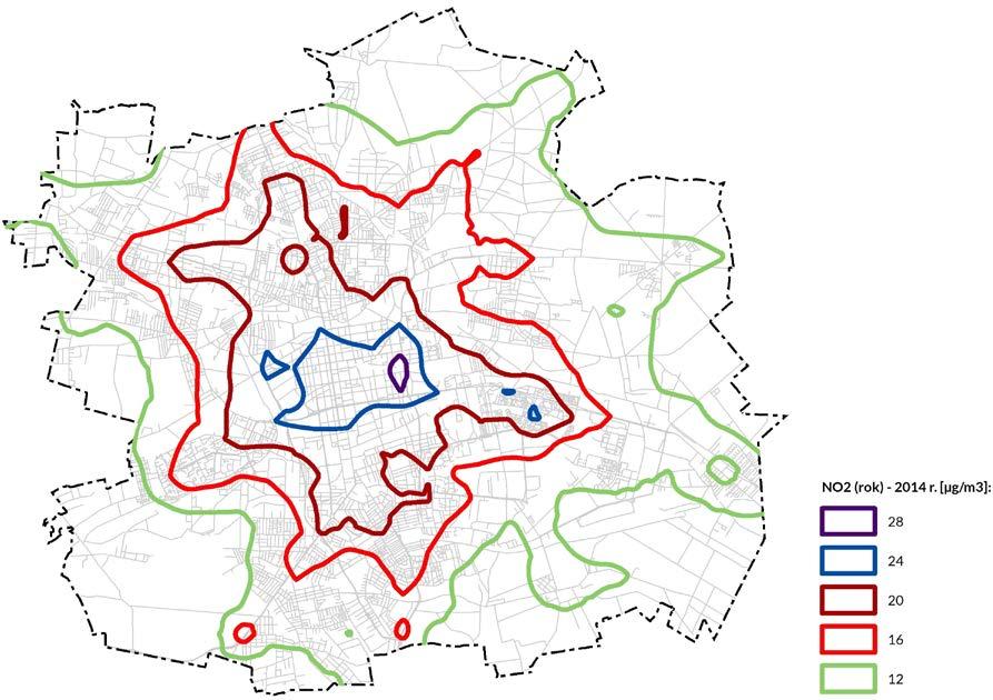 Rysunek 21 Rozkład średniorocznych stężeń NO2 na terenie Łodzi w 2014 roku Źródło: opracowanie własne na podstawie raportu Wojewódzkiego Inspektoratu Ochrony Środowiska w Łodzi, Raport o stanie