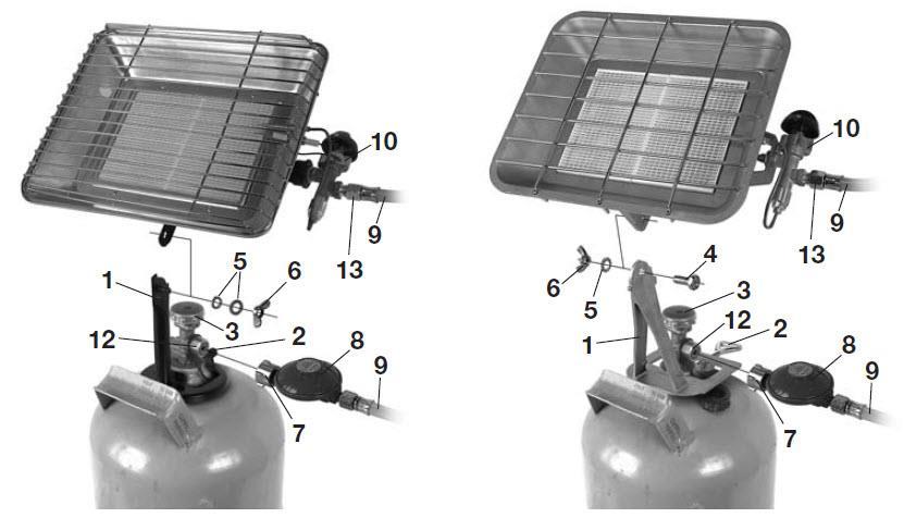 Zawartość dostawy 1. Ogrzewacz przestrzeni, 50 mbar z przyłączem gwintowym 1/4 "BSP (po lewej) 2. Regulator ciśnienia gazu (redukcja ciśnienia 50 mbar, wydajność 1,5 kg / h), art. Nie.