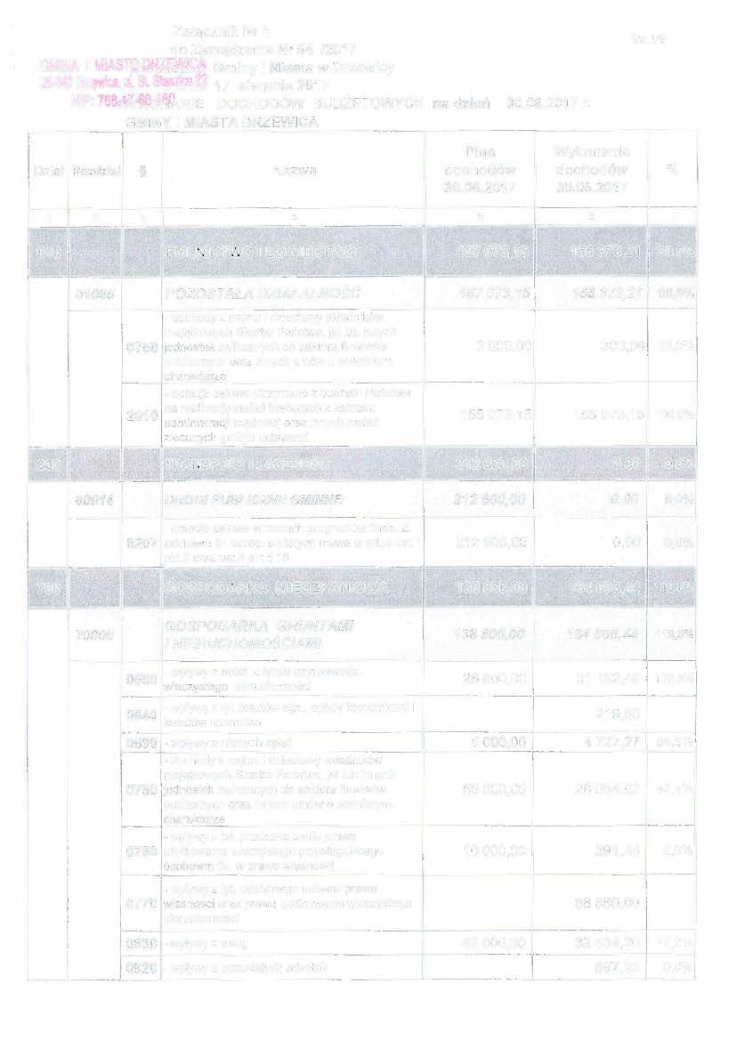 GMII\IA l MIASTs u ~~!ł~ Gminy i Miasta w Drzewicy 26-340 ijrlęwica, ul. St. Stl iftht 7 sierpnia 207 NIP: 76~f{d ~ NIE DOCHODÓW BUDŻETOWYCH na dzień 30.06.207 r. Str.