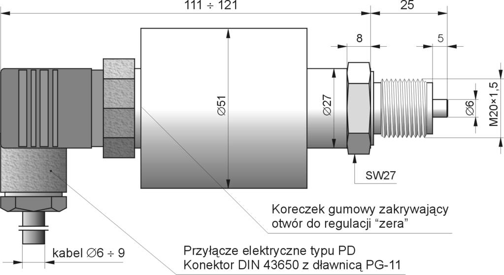 Rys. 8.17. Przetwornik CCA-310 z przyłączem typu PD 9. NASTAWY,,ZERA I SZEROKOŚCI ZAKRESU POMIAROWEGO Przetwornik wyregulowany jest u producenta na zakres pomiarowy podany w zamówieniu.