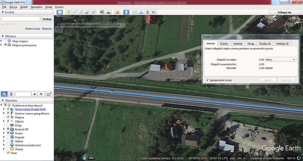 Rys. 6 Fragment trasy o największej dokładności. Zarejestrowane ślady znacznie odbiegają od rzeczywistych położeń odbiornika, jest to szczególnie widoczne przy trasie Rzeszów-Kraków.