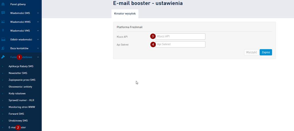 odpowiednich pól (3) i (4) w zakładce Funkcje dodatkowe (1) E-mail Booster (2) w Panelu Klienta SMSAPI.