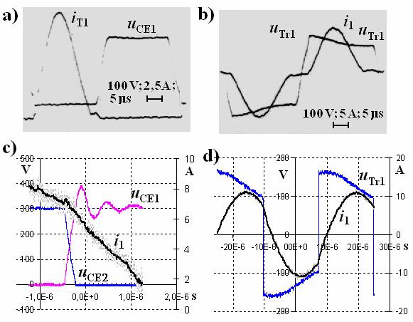 Rys. 8. Przebiegi prądów i napięć w układach eksperymentalnych, których schemat przedstawiony został na rys.
