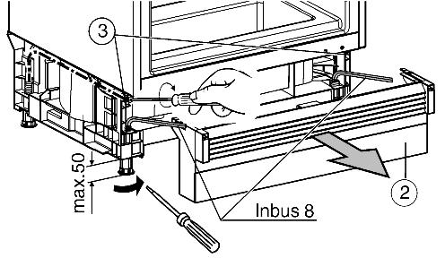 Montaż Fig. 12 u Listwę maskującą cokół wysunąć do przodu. Ew. wyjąć dolne półki na drzwiach - ułatwi to montaż. u Urządzenie ustawić równo na nóżkach: Tylnie nóżki wykręcić przy pomocy śrub Fig.