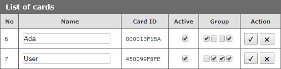 Tabela List of cards pozwala na edycję kart zapisanych w pamięci modułu.