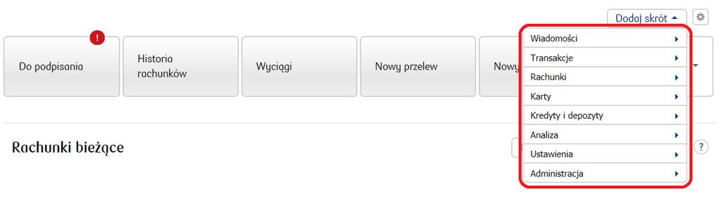 Strona po zalogowaniu Jest to domyślna strona, która pojawia się po zalogowaniu. Na ekranie widoczne są wszystkie rachunki do których Użytkownik ma uprawnienia.