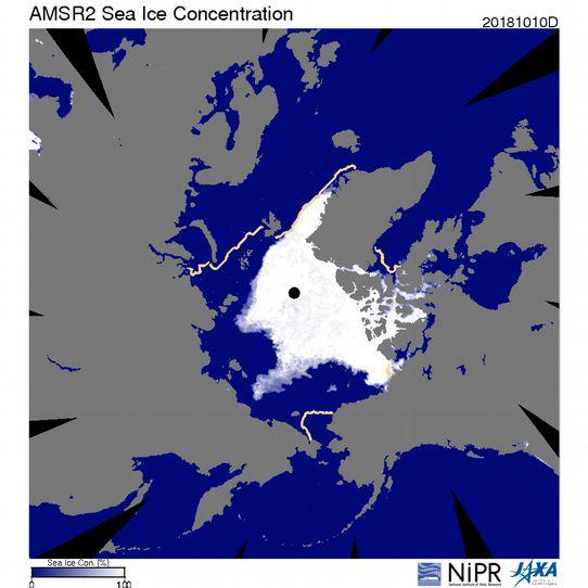 Mapa pokazuje aktualny zasięg lodu morskiego w zestawieniu ze średnią lat 80. XX wieku.