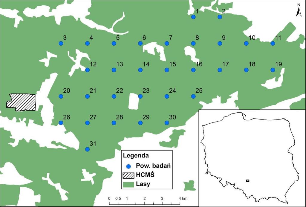 Rycina 1. Lokalizacja stałych powierzchni badawczych w Nadleśnictwie Świerklaniec [H5]. Drugi obiekt badaczy stanowiły ekosystemy leśne położone w Nadleśnictwie Olkusz.