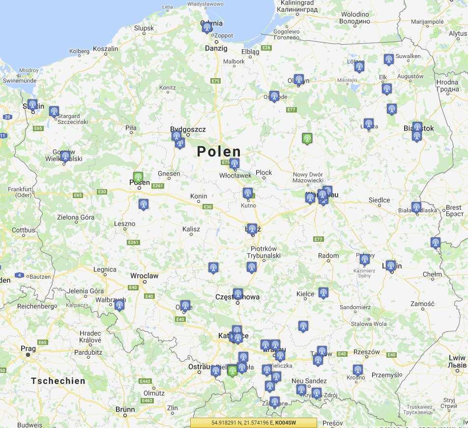 Dodatek A Mapa polskich przemienników DMR Rys. A.1. Mapa polskich przemienników DMR wg stanu z połowy lutego 2019.