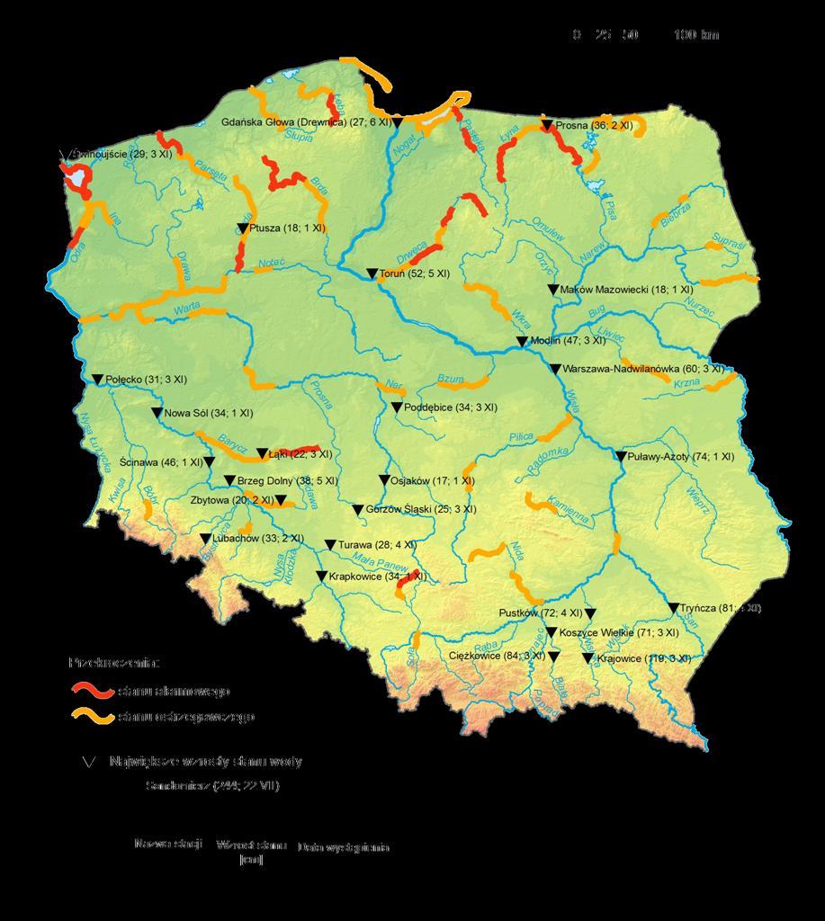 4. Przekroczenia stanów ostrzegawczych i alarmowych oraz najwyższe dobowe wzrosty stanu