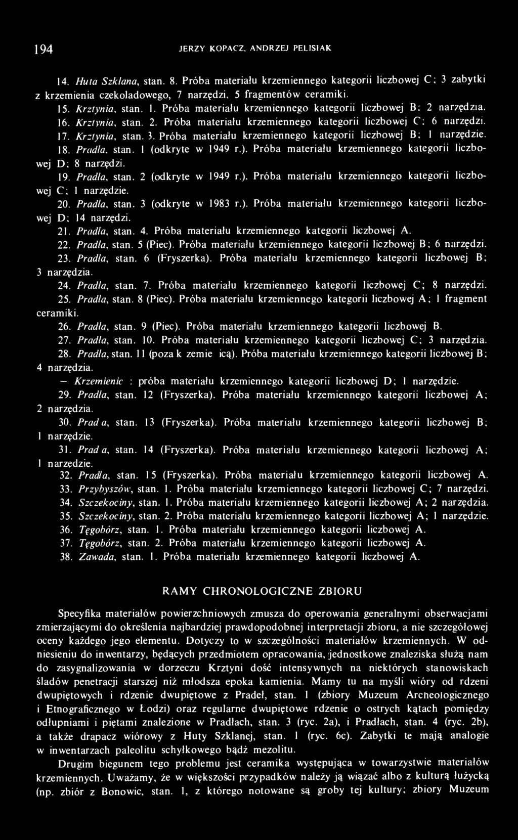 Próba materiału krzemiennego kategorii liczbowej B; 1 narzędzie. 18. Pradła, stan. 1 (odkryte w 1949 r.). Próba materiału krzemiennego kategorii liczbowej D; 8 narzędzi. 19. Pradla, stan.