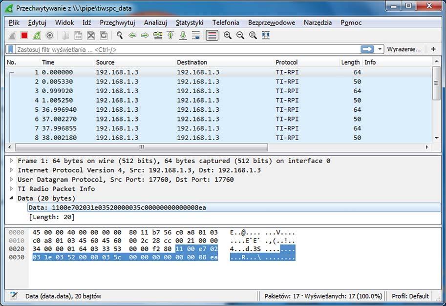 Collector z projektem Collector z pakietu SimpleLink CC26x2 SDK 1.60.00.43 [11] Sniffer z plikiem \ cc26x2r1lp\15.4\sniffer_fw_15_4. hex z pakietu SmartRF Packet Sniffer 2 v1.3.0 [8] Moduły zostały zaprogramowane w taki sam sposób jak zostało opisane powyżej.