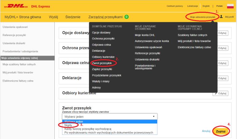 ) [generowanie faktury proforma/handlowej z zewnętrznej aplikacji], po wyborze klikamy Zapisz (4.). 6. Zwroty przesyłek [Jeżeli nie korzystamy z opcji przesyłki zwrotnej możemy ją wyłączyć.