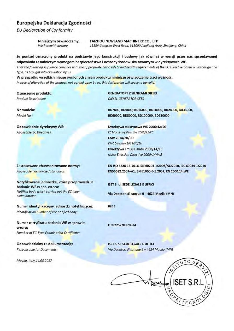 Każdy agregat prądotwórczy Kraftwele jest oznakowany znakiem zgodności CE i dostarczany razem z deklaracją zgodności WE.
