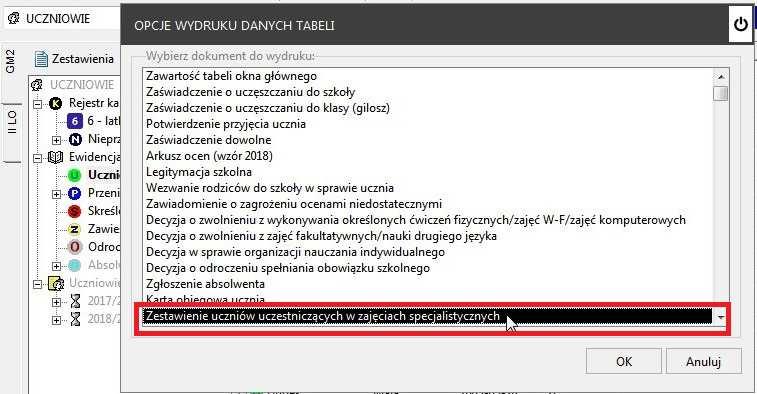 Zmiany w module UCZNIOWIE 1) W module UCZNIOWIE, dodano dokument o nazwie Zestawienie uczniów uczestniczących w zajęciach specjalistycznych.