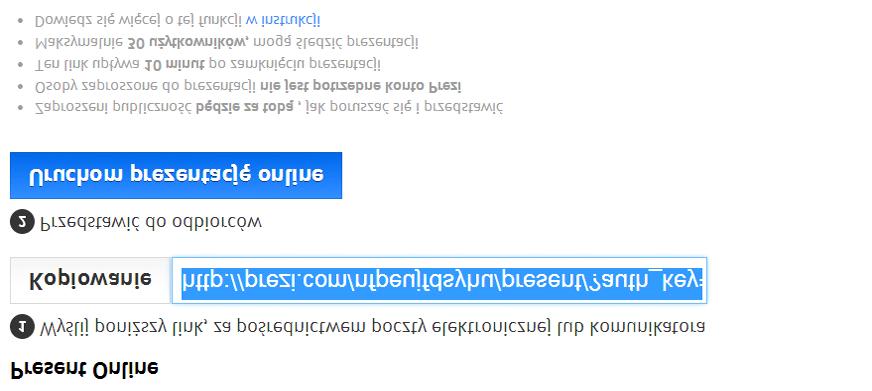 Pod prezentacją widnieją przyciski: Edit umożliwiający powrót do edytowania prezentacji. Present Remotely umożliwiający podzielnie się prezentacją z innymi poprzez wygenerowanie linku.