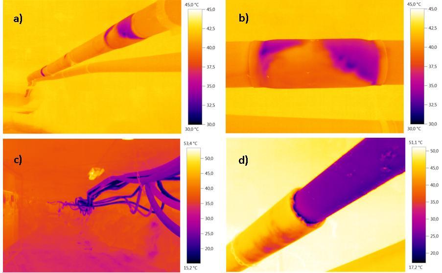 Rys. 8 Zdjęcia termowizyjne rurociągów: a), b) zawilgocenie izolacji, c) praca przewodów PE, d) rozizolowany rurociąg zasilający zastosowania materiałów izolacyjnych dla tego typu przewodów,