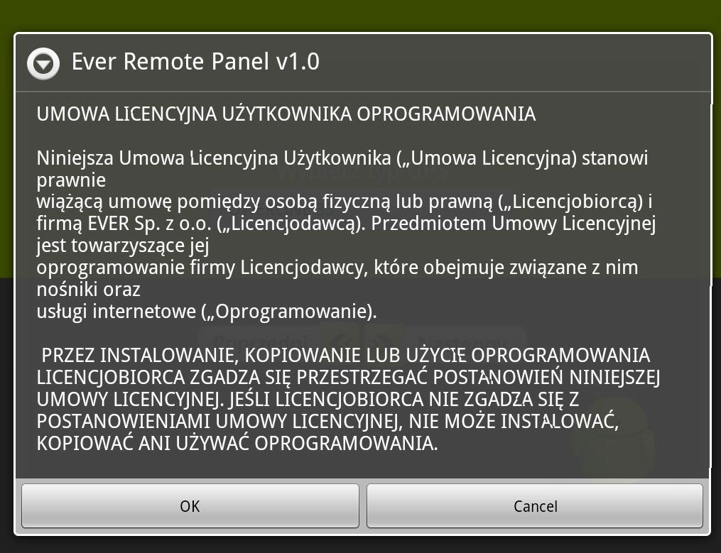 4. Po wyborze wersji językowej w przypadku gdy aplikacja jest uruchamiana po raz pierwszy na danym urządzeniu zostanie wyświetlony komunikat o warunkach licencji (EULA). 5.