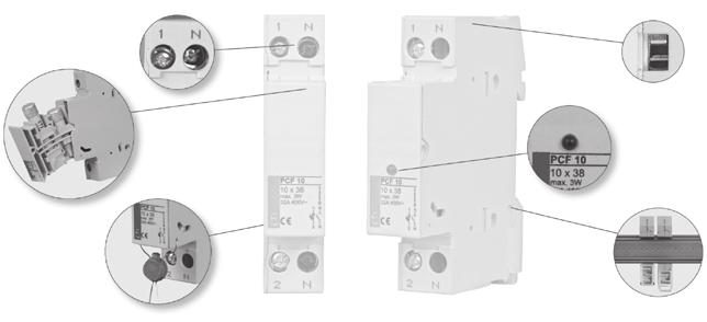 Rozłączniki bezpiecznikowe PF 3p+N Un Imax Wym. Sygnalizacja B(mm) PF 3p+N 90 3 00550005-195 5,5 /3 PF 3p+N-LED 90 3 00550015 LED 195 5,5 /3 Wkładki topikowe cylindryczne str. -9 UWAGA!