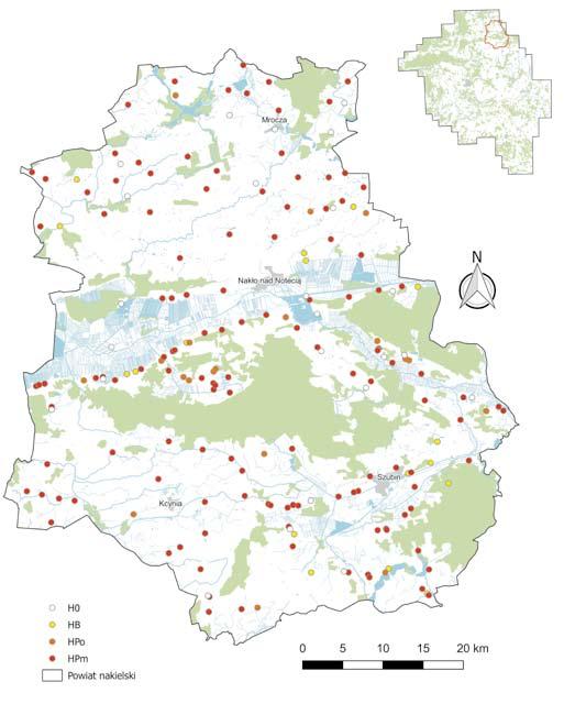 Ryc. 3. Rozmieszczenie gniazd bociana białego Ciconia ciconia w pow. nakielskim w roku 2014 Fig. 3. Location of the white stork Ciconia ciconia nests in Nakło country in 2014 (H 2,425 =43,048; p <0,001).