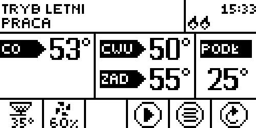 Instrukcja obsługi V.3. Widok ekranu W funkcji tej użytkownik może wybrać jeden z trzech ekranów głównych pracy termoregulatora. Są nimi: ekran C.O.