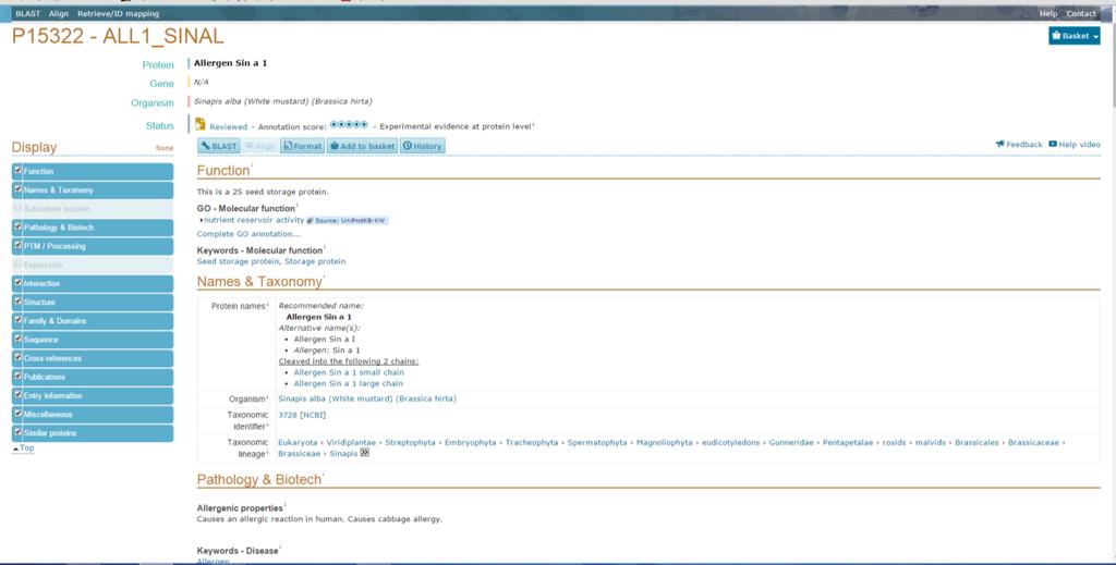 Pojawia się wówczas kolejna strona z charakterystyką białka Sprawdzamy: Molecular function:.. (np. białko zapasowe nasion) Sequence similarities: (np.