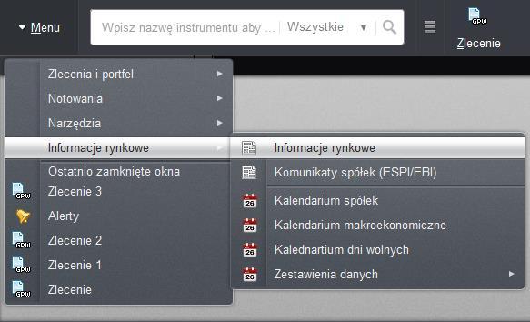 1. Opis okna Informacje rynkowe to narzędzie prezentujące bieżące i historyczne informacje rynkowe dostarczane przez Polską Agencję Prasową oraz agencję ISBNews, a także komunikaty pochodzące od