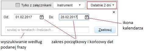 nazwy instrumentu finansowego filtr umożliwiający przesortowanie komunikatów dla wybranego/wybranych instrumentów finansowych.