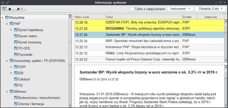 zakresu czasu filtr umożliwiający wybranie przedziału czasu, dla którego będą wyświetlane informacje rynkowe. Domyślnie wyświetlane są wiadomości rynkowe z ostatnich 2 dni.