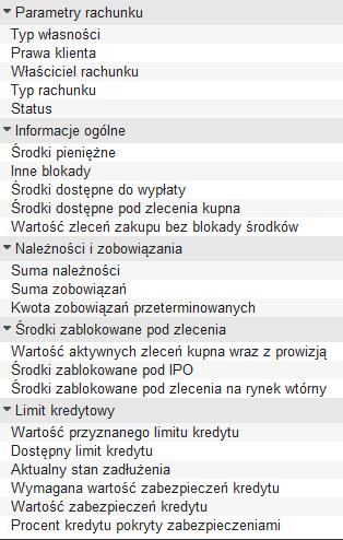 Typ instrumentu umożliwiający wyszukania zleceń według typu instrumentu finansowego, Rynek umożliwiający selekcję zleceń bieżących według rynku, na którym jest notowany dany instrument.