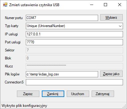 Pojawi się okno jak poniżej Ustaw w nim odpowiedni numer portu, możesz wybrać z istniejących (klikając Wybierz) i typ karty. Po czym kliknij na Zapisz i Uruchom.