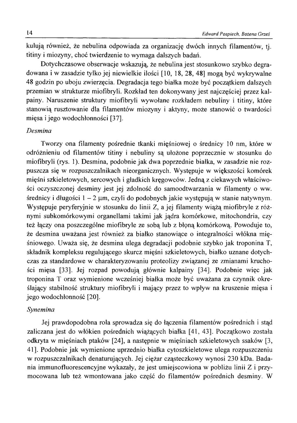 14 Edward Pospiech, Bożena Grześ kulują również, że nebulina odpowiada za organizację dwóch innych filamentów, tj. titiny i miozyny, choć twierdzenie to wymaga dalszych badań.