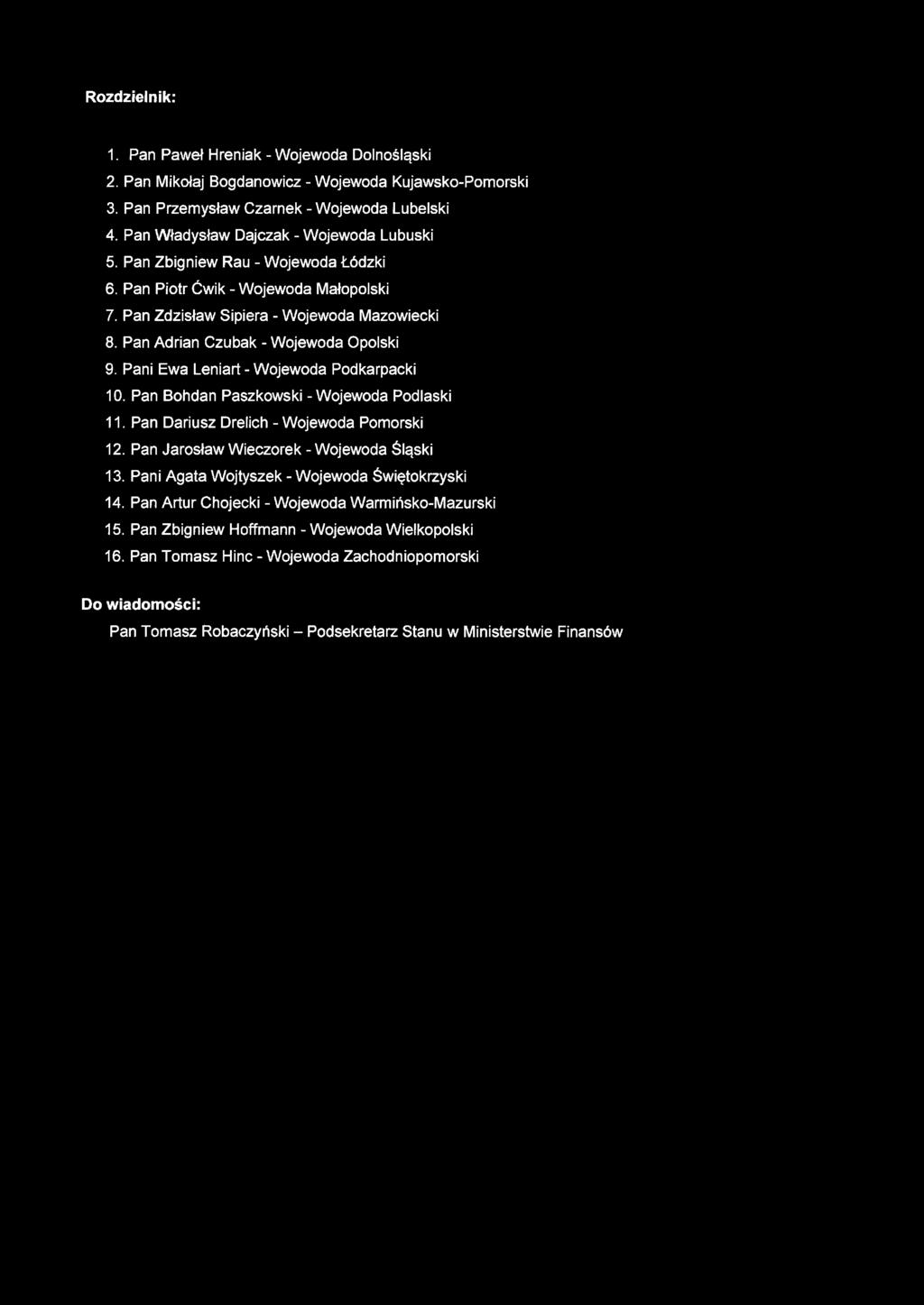 Rzdzielnik: 1. Pan Paweł Hreniak - Wjewda Dlnśląski 2. Pan Mikłaj Bgdanwicz - Wjewda Kujawsk-Pmrski 3. Pan Przemysław Czarnek - Wjewda Lubelski 4. Pan Władysław Dajczak - Wjewda Lubuski 5.