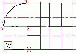 Przykład: Rysowanie łuku przez punkt początkowy, środek oraz punkt końcowy. W tym przykładzie utwórz kontur ściany okrągłej. 1. Na zakładce Narzędzia podstawowe, w panelu Rysuj kliknij. 2.