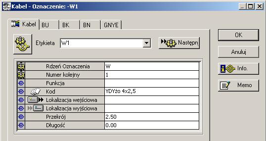 Oznaczamy kabel jako W1, a potem klikamy <OK>. Widzimy, że program okablował zaznaczone zaciski.