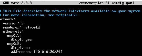 Zmień adres IP dla Ubuntu na Adapter 2 na statyczny. Otwórz plik, który opisuje interfejsy sieciowe nano /etc/netplan/01-netcfg.