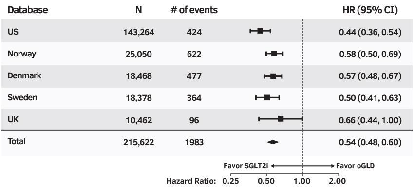 HHF lub zgon z dowolnej przyczyny Wartość p dla inhibitorów SGLT-2 vs inne leki