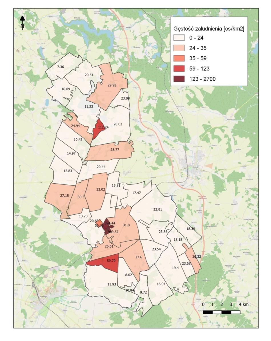Ryc.11 Mapa gęstości zaludnienia gminy Kozłowo według obwodów spisowych Źródło: Opracowanie własne na podstawie wyników NSP 2011 Analiza mapy gęstości zaludnienia gminy Kozłowo, opracowanej na