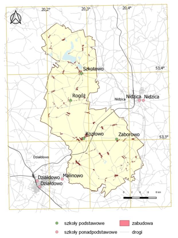 Ryc.15 Sieć szkół podstawowych i ponadpodstawowych Źródło: Opracowanie własne W 2016 roku 1 733 mieszkańców gminy Kozłowo było w wieku potencjalnej nauki 26 (3-24 lata).