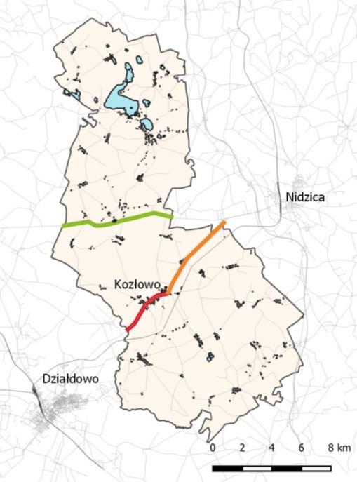 Ryc.23 Liczba wypadków i kolizji na drogach wojewódzkich na terenie gminy Kozłowo w latach 2014-16 Źródło: Zarząd Dróg Wojewódzkich w Olsztynie Droga Odcinek Wskaźnik gęstości wypadków i kolizji