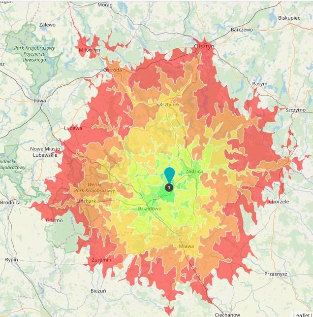 Ryc. 50 Dostępność drogowa Kozłowa wyznaczona izochronami 10, 20, 30, 40, 50, 60 minut Źródło: https://maps.openrouteservice.org Na ryc.