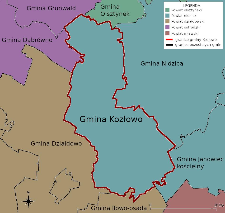 Gmina Kozłowo graniczy z 7 innymi gminami położonymi na terenie 4 powiatów. Łączna długość granic gminy wynosi 116 km, a współczynnik rozwinięcia granicy wynosi 2,05. Tab.