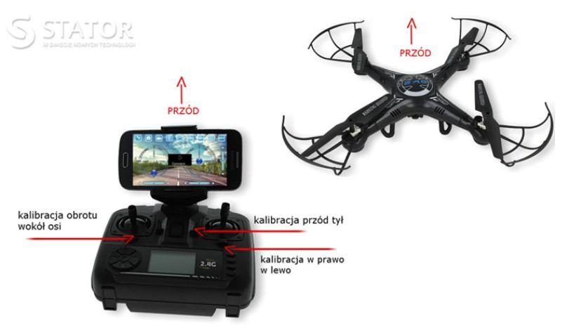 Należy ustawić drona na poziomej podstawie w ten sposób, aby przód drona pokrywał się z przodem pilota sterującego, następnie dźwignią mocy lekko unieś drona do góry.